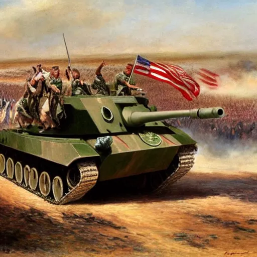 Prompt: George H.W. Bush rides in a tank leading his army against Iraq, oil on canvas, 1883