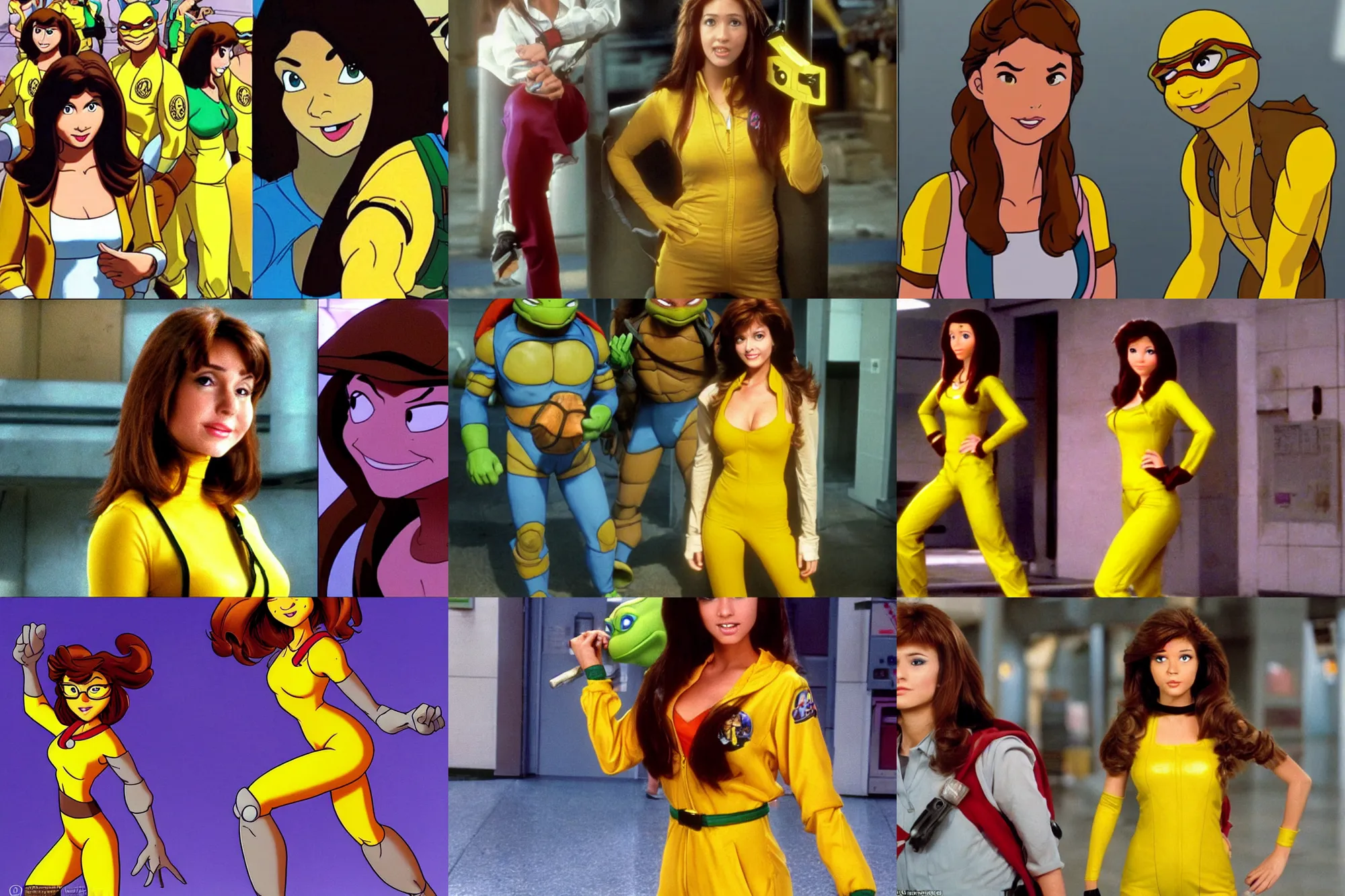 Prompt: beautiful brown hair female reporter in a yellow jumpsuit character april o ’ neil from animated series teenage mutant ninja turtles ( tmnt 1 9 8 7 )