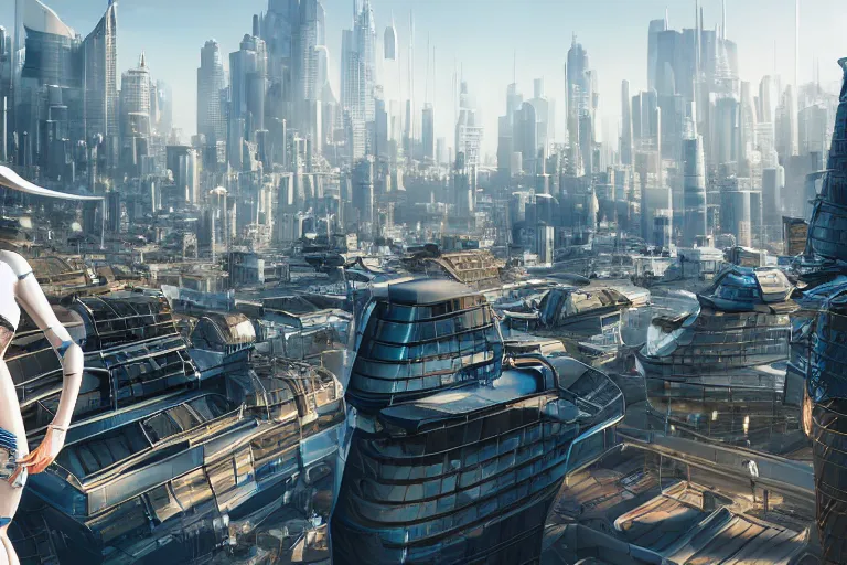 Image similar to rooftop view of a futuristic city highly detailed, photorealistic portrait, bright studio setting, studio lighting, crisp quality and light reflections, unreal engine 5 quality render