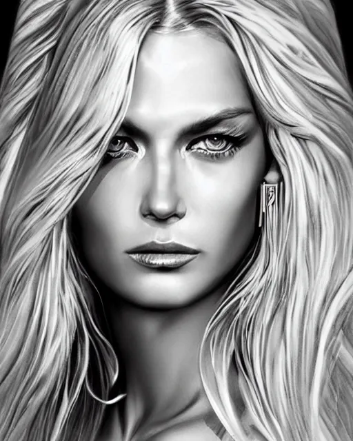 Prompt: tattoo sketch of beautiful jennifer hawkins as a beautiful greek goddess aphrodite with arrowhead earrings, beautiful piercing eyes with sexy look, beautiful blonde hair, hyper realistic face, in the style of greg rutkowski, fantasy, amazing detail, epic, elegant, smooth, sharp focus