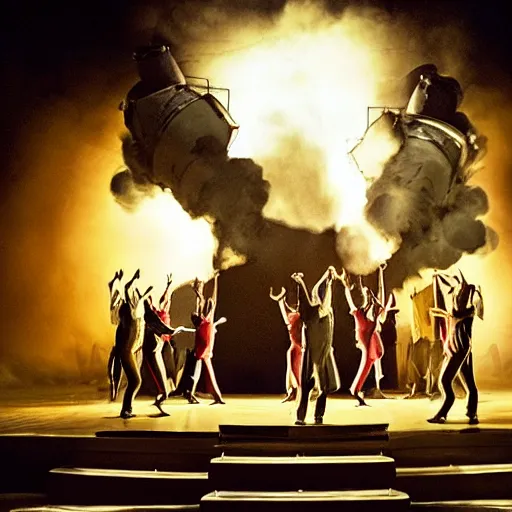 Image similar to award winning Production photo of the Hindenburg disaster the musical on broadway, dancing, singing, costumes by Julie Taymor, set design by Julie Taymor