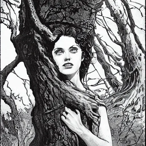 Prompt: beautiful girl in the shape of a tree by Wrightson, Bernie