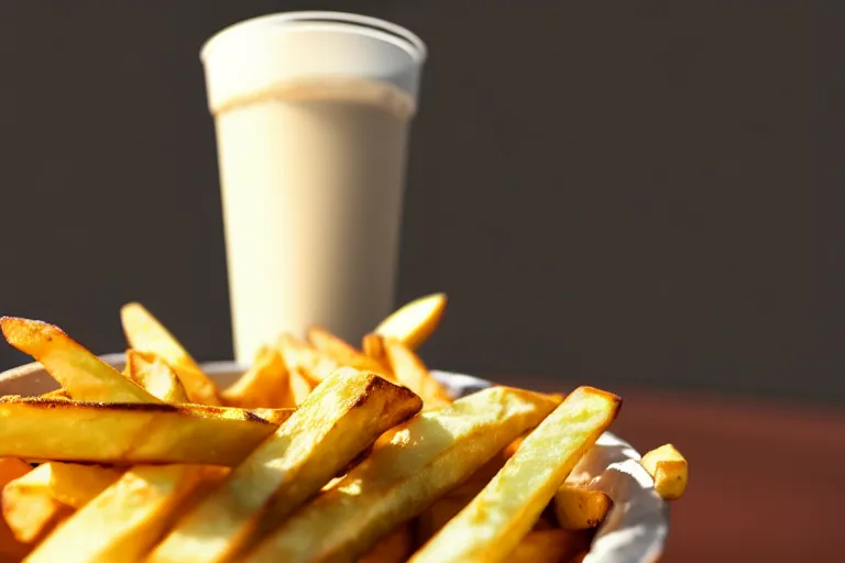 Prompt: best fries, best mayonnaise, best weather, best light, best drink. super realistic 8 k render of a elegant