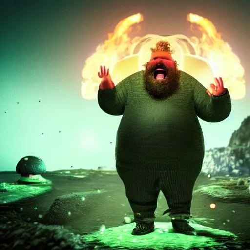 Image similar to highly detailed octane render of a short ugly fat man with a giant beard and wearing armour, goggles and a safety hat whilst laughing at a green mushroom cloud surrounded by dead insects in a cave