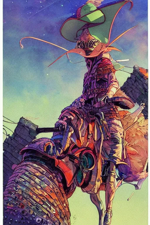 Image similar to wide angle on fantasy emu rider with hat, scifi, art by moebius or juan gimenez, in watercolor gouache detailed paintings, in style of syd mead, colorful comics style, artstation