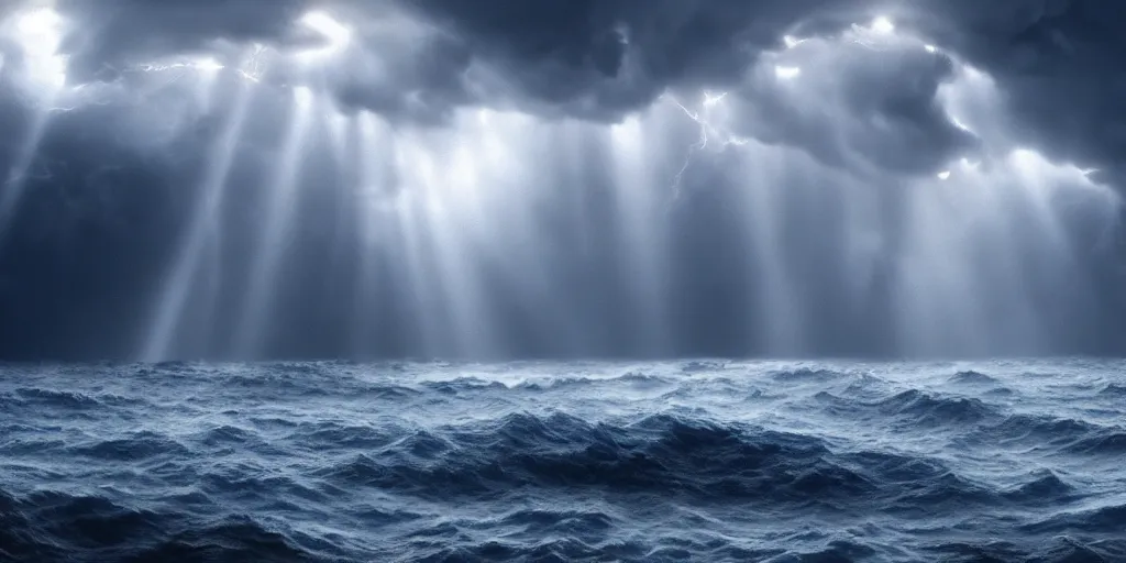 Image similar to a greek goddess in an ocean storm, 4k, Crepuscular Rays, by Wētā FX