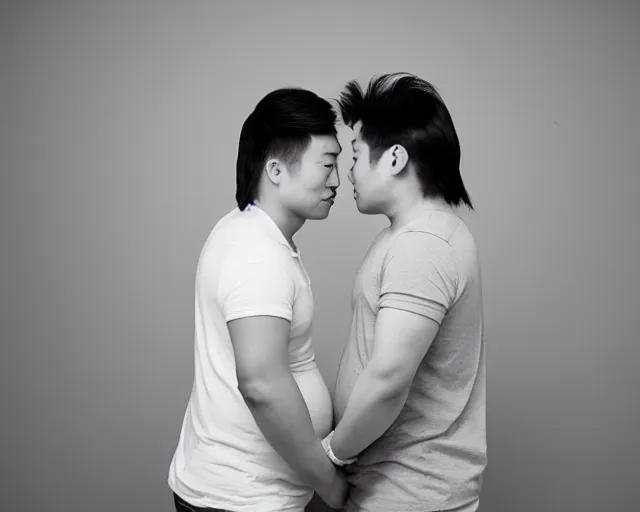 Prompt: Maternity photo of an attractive young East Asian-American gay couple, both men are 9 months pregnant