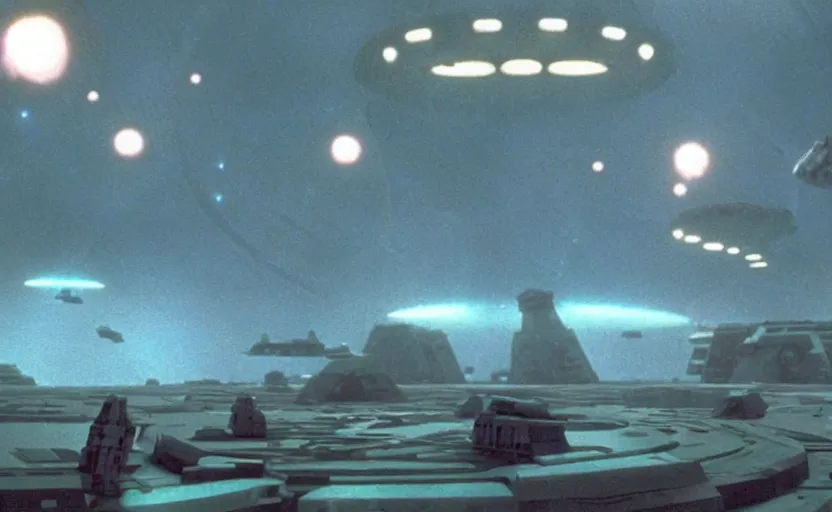 Prompt: still image screenshot floating jellyfish planet, jedi temples floating in mid air, from the tv show mandalorian on disney +, surreal scene with a dozen jedi soldiers igniting lightsabers looking up at - at imperial walkers, anamorphic lens, spaceships in the cloudy sky, 3 5 mm film kodak from empire strikes back 1 9 8 3