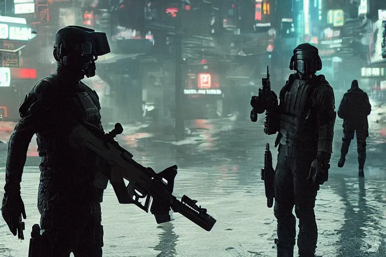 Image similar to soldier standing in murky water dark. cyberpunk soldier helmet mecha armor black matte angular armor white Chinese writing. Holding AR-15 rifle black. Bladerunner 2049 ((Cyberpunk2077))