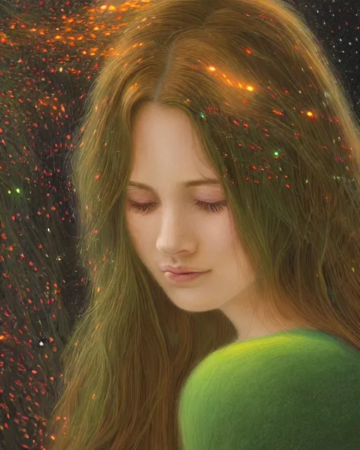 Image similar to a young woman, admiring the lights of golden fireflies, sitting in the midst of nature fully covered, long loose red hair, intricate linework, green eyes, small nose with freckles, oval shape face, soft happy smile, realistic, expressive emotions, mystical scene, hyper realistic ultrafine detailed illustration by james jean, albert bierstadt and artgerm