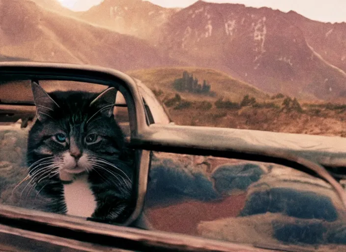 Image similar to A very high resolution image from a new movie, a cat driging around, inside of a car , mountains, Polaroid, directed by wes anderson