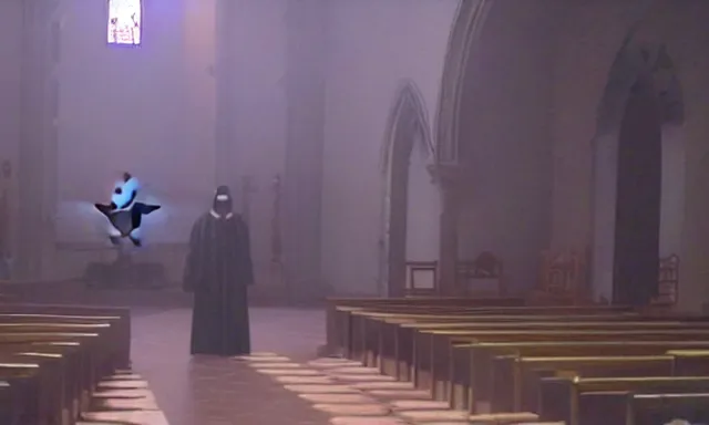 Image similar to a cultist ceremony, cultists with robes and masks, church interior, satanic church interior, the fog. horror lighting, found footage