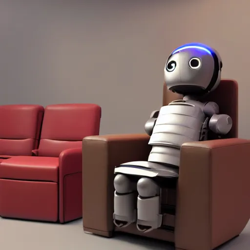 Image similar to futuristic studious matte brown and red full-body humanoid robot with two huge round expressive sad purple glowing LED eyes and open rectangular mouth sitting on a large comfortable cushioned 1950s vintage recliner reading a newspaper. open newspaper. Cinematic Movie Photograph, Arri Alexa, Extremely Detailed, smooth, very very clean, 8K, octane render, maya render, unreal engine, trending on artstation, DSLR, excellent composition, center frame