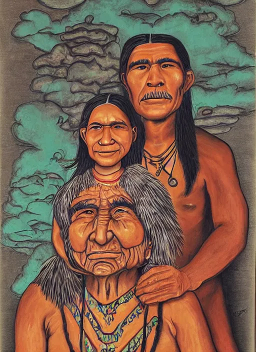 Image similar to portrait of an indigenous amazonian grandfather and grandmother in the clouds, smiling, protection, benevolence, ancestors, detailed faces, art by artgem