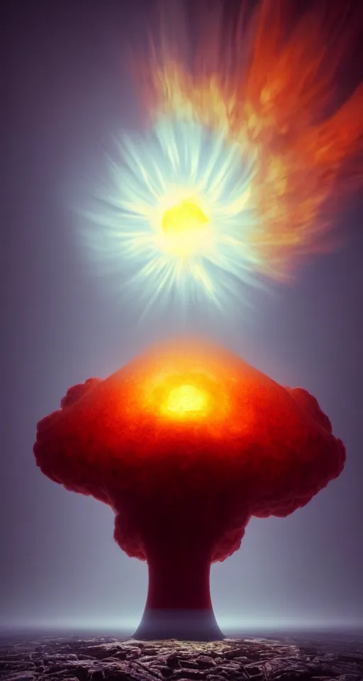 Prompt: wide shot of a massive nuclear explosion in a shape of a flower by gustav dore, dynamic lighting, octane render, atmospheric