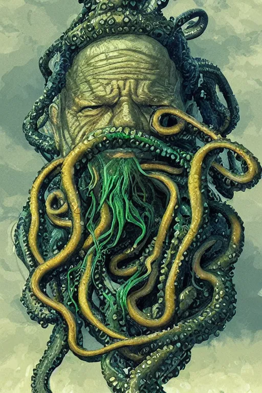 Image similar to portrait of an old fisherman with tentacles growing on him, blue and green, eldritch, d & d, face, fantasy, intricate, elegant, highly detailed, digital painting, artstation, concept art, smooth, sharp focus, illustration, art by greg rutkowski