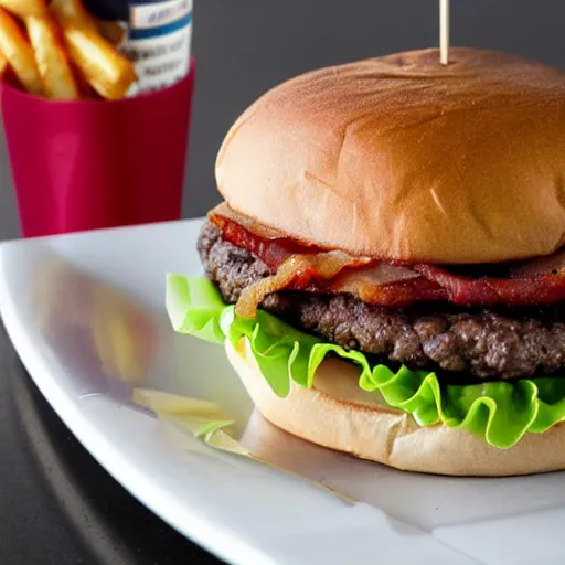 Prompt: big stack burger with bacon and fries