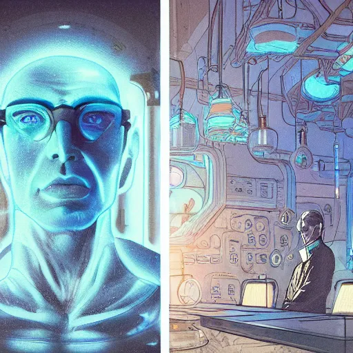 Prompt: Concept Art photography of highly detailed blue luminescent man like Dr.Manhattan with very detailed face in futuristic Inuit Glasses living his life in Middle aged tavern in cyberpunk Interior design style by Mathias Isaksen and Beeple. Very highly detailed 8K,Pentax 67, Kodak Portra 400 in style of Hiromasa Ogura Ghost in the Shell, the golden ratio, rational painting