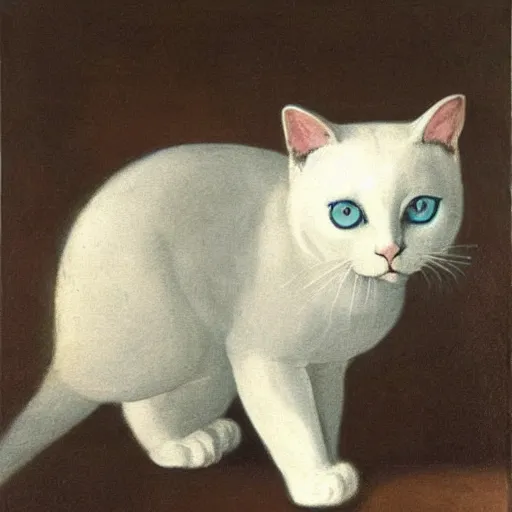 Image similar to a painting of a white cat with blue glowing eyes walking towards the viewer, in the style of leonardo da vinci.