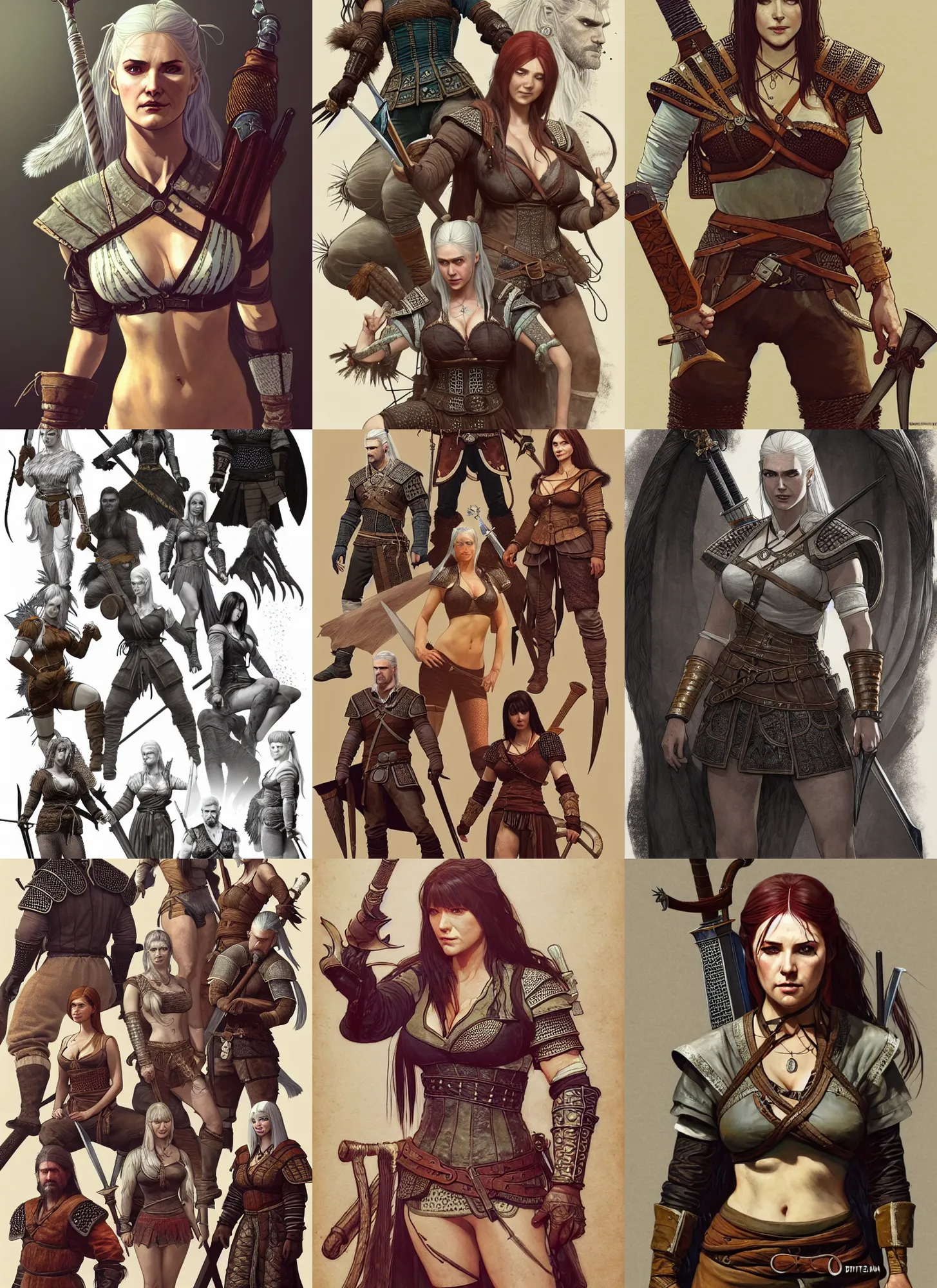 Prompt: detailed pencil spot illustrations of various character concepts from the witcher series and xena warrior princess crossover, various poses, by burne hogarth, by bridgeman, by anthony ryder, by yoshitaka amano, by ruan jia, by conrad roset, by mucha, cgsociety, artstation.