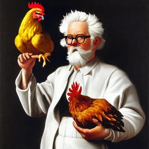 Prompt: Colonel Sanders holding a chicken. Painted by Caravaggio, high detail