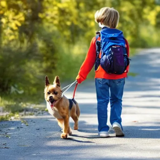 Prompt: a dog is walking a child to school