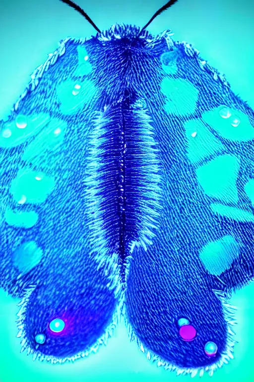 Image similar to high quality macro photo gelatinous furry moth! jeweled gorgeous! highly detailed david ligare elson peter cinematic blue neon lighting high quality low angle hd 8k sharp shallow depth of field