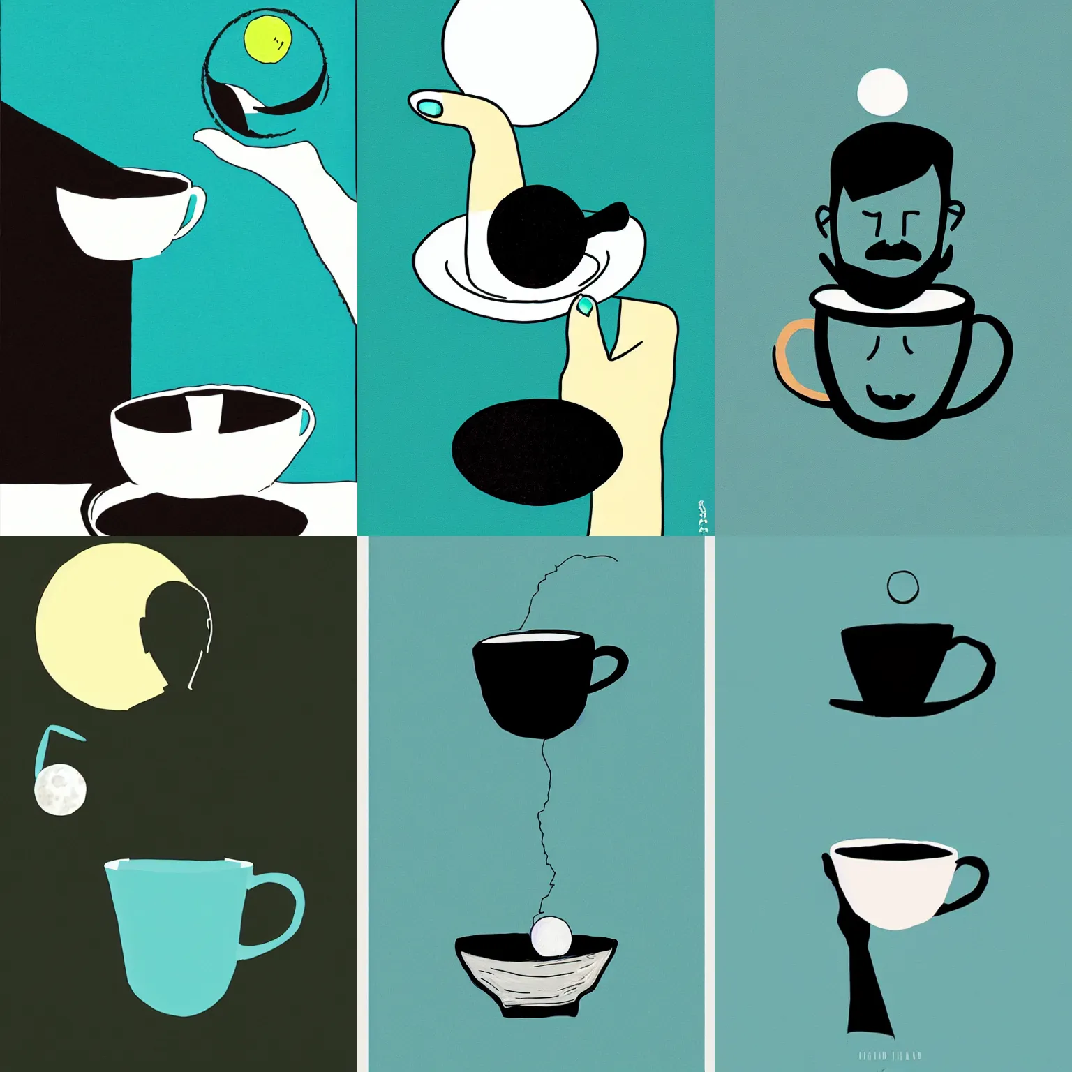 Prompt: he held the moon in his teacup, Teal black and off-white, portrait by Christoph Niemann, flat colors, ink