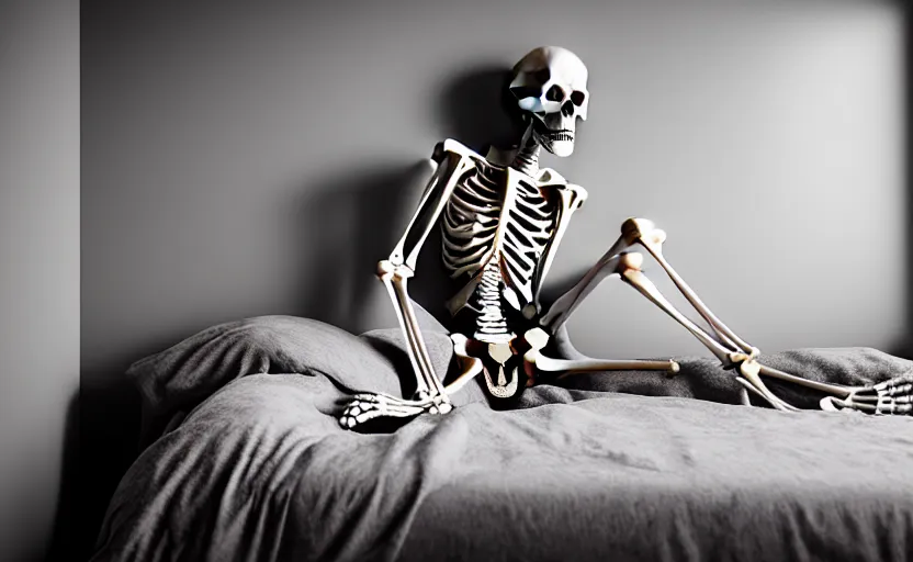 Image similar to matte oil painting of a skeleton dressed in pajamas inside of a comfy bedroom, extremely detailed, sleepy, cozy, 4 k, 8 k,