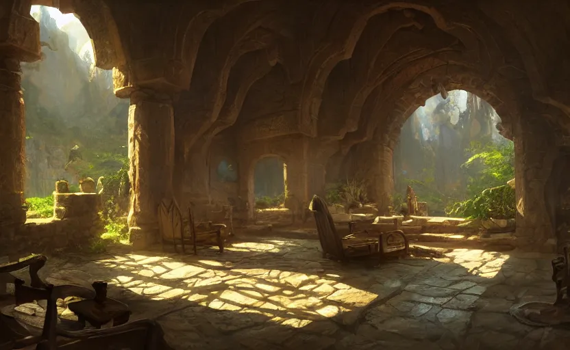 Prompt: painting of a series of opposing living quarters overlooking communal area carved inside a mountain, lush garden with hot spring between, cozy bed, well maintained, clean, medieval, fantasy genre, natural light, fantasy, natural light, concept art, by greg rutkowski and craig mullins, cozy atmospheric and cinematic lighting, trending on artstation