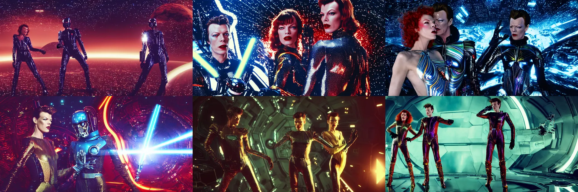 Prompt: milla jovovich and david bowie wearing a rocknroll glitzy glamour spacesuit, psychedelic, surreal, beautiful, heroic action pose, stunning alien landscape, cinematic, dramatic studio lighting, wide shot, in the style of kubrick, ridley scott, jodorowsky, dune, star wars, transformers, moulin rouge, science fiction, illustration, octane render 8 k