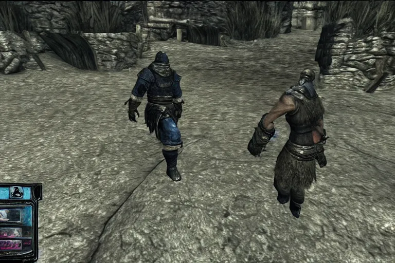 Prompt: the player fighting against a denim blue audi a 4 b 6 avant in skyrim, the elder scrolls v : skyrim gameplay footage