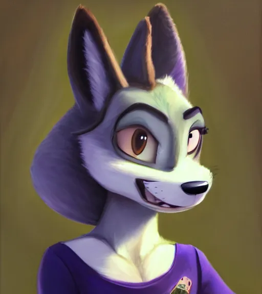 Image similar to oil painting portait of anthromorphic female wolf, in style of zootopia, zootopia, zootopia, fursona, furry, furaffinity, 4 k, deviantart, furry art, fursona art, wearing black business suit, business suit, in style of zootopia, wolf fursona, cyberpunk, female, expressive detailed feminine face,