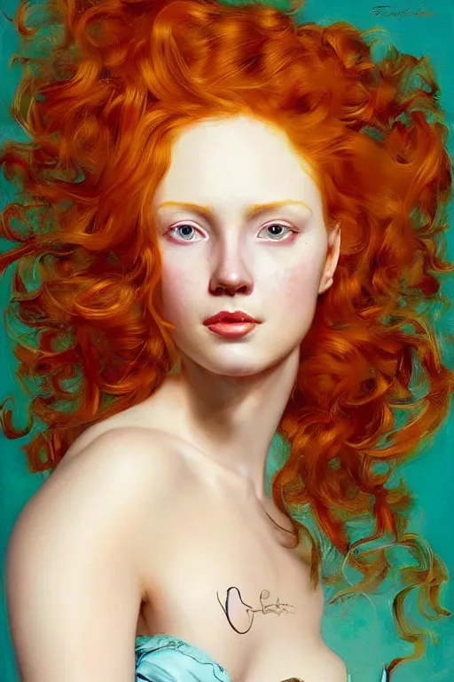 Prompt: hyper realistic painting portrait of a redhead girl with flowing curls and closed eyes, her skin is painted in gold paint and turquoise background, hyper detailed face by stjepan sejic, norman rockwell, michael hussar, roberto ferri and ruan jia