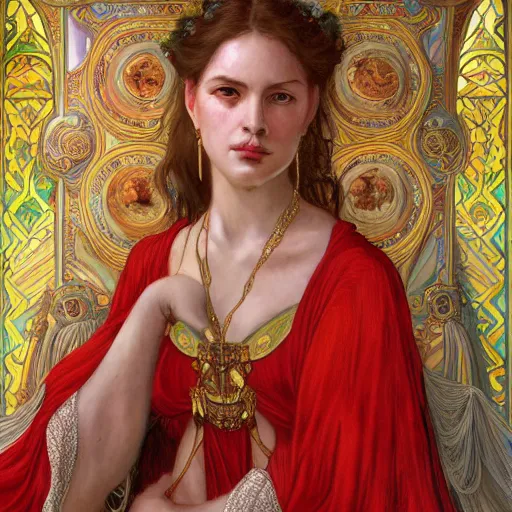 Image similar to an portrait of a beautiful alluring female goddess, detailed, centered, digital painting, artstation, concept art, donato giancola, Dante Gabriel Rossetti, alphonse mucha, Joseph Christian Leyendecker, WLOP, Boris Vallejo, Annie Leibovitz and Steve McCurry, David Lazar, Jimmy Nelsson, Breathtaking, 8k resolution, extremely detailed, beautiful, establishing shot, artistic, hyperrealistic, beautiful face, octane render