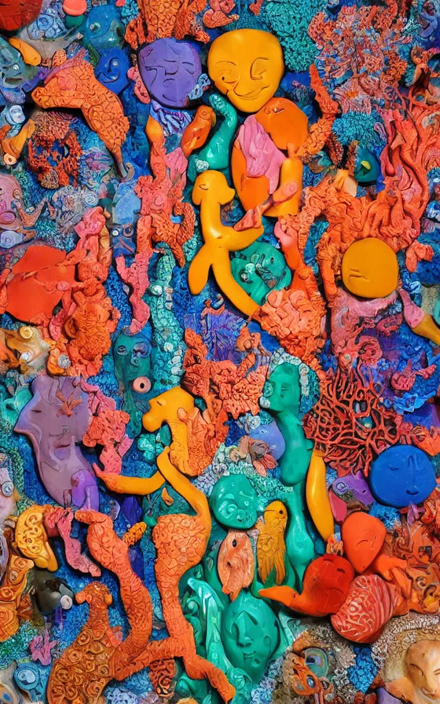 Prompt: Studio Photograph of Beautiful intensely colorful Ceramic Sculpture Of a Coral Reef on a pedestal intricately carved with sgraffito emojis and painted with the images of fish by Paul Klee by Pablo Picasso and covered with bird skulls by Caravaggio, high contrast iridescent glowing glaze Bright Intense Colors shocking detail hyperrealistic trending on artstation