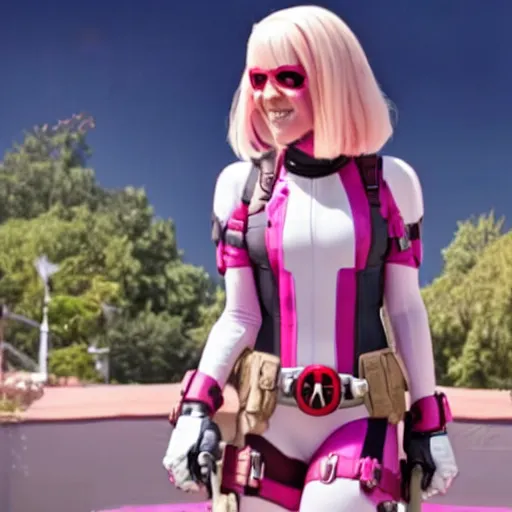 Image similar to A still of Gwenpool in Deadpool 3 (2023), blonde hair with pink highlights, no mask, white and light-pink outfit, smiling and winking at the camera