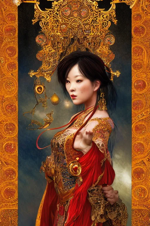 Image similar to tarot card artstation, portrait of an asian love dancer, sunrise, baroque ornamnet and rococo ornament, ancient chinese ornate, hyperdetailed, beautiful lighting, craig mullins, mucha, klimt, yoshitaka amano, red and gold and orange color palatte