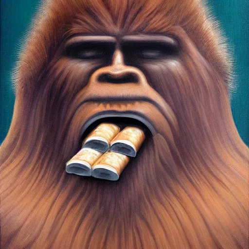 Image similar to bigfoot smoking a cigar, royal portrait, highly detailed, oil painting,