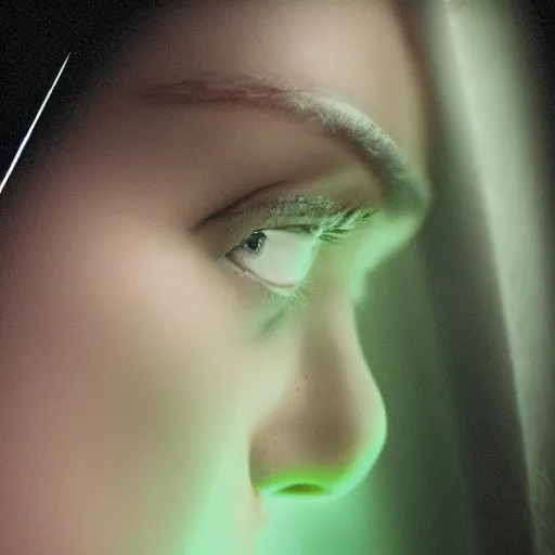 Prompt: realistic composition of closeup of a girl face in dark room at old crt monitor, we can see green letter reflected on her face, photo shot on an old film