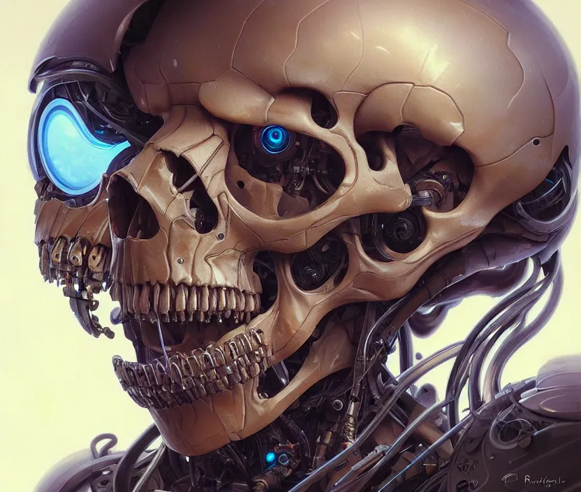 Prompt: Cyborg biomechanical jellyfish skull face portrait, sci-fi, highly detailed, digital painting, artstation, concept art, smooth, sharp focus, illustration, art by artgerm and greg rutkowski and alphonse mucha