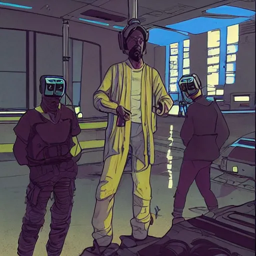 Prompt: Hosea the Beggar priest with cyberpunk headset in busy spaceport on luna 5 colony. Gritty Concept art by James Gurney and Mœbius.