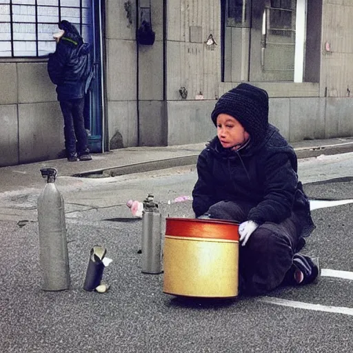 Image similar to “ hamster dressed as a homeless person sitting at an intersection with arms stretched out holding a tin can, trash on ground, sad atmosphere ”