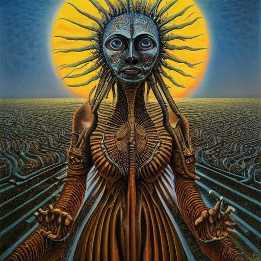 Image similar to THE QUEEN OF THE SUN by jacek yerka, alex gray, zdzisław beksiński, dariusz zawadzki, jeffrey smith and h.r. giger, oil on canvas, 8k highly professionally detailed, trending on artstation