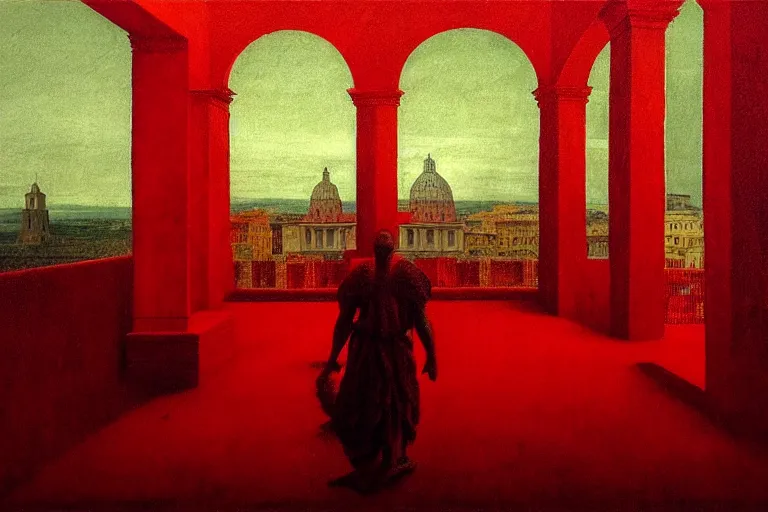 Image similar to only with red, caesar after war, the deal, a red tiger, in hoc signo vinces, rome in background, an ancient path, in the style of beksinski, part by hopper, part by rodcenko, part by hofbauer, intricate composition, red by caravaggio, insanely quality, highly detailed, masterpiece, red light, artstation