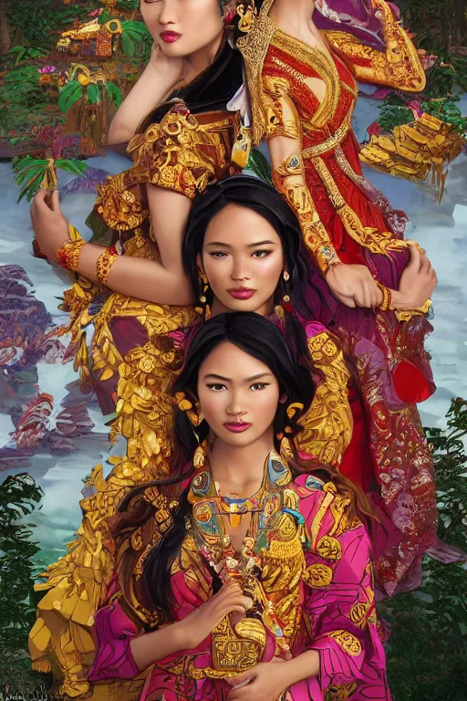 Prompt: hand holding a lego, portrait of a beautiful indonesian supermodels wearing traditional costume, highly detailed, digital painting, artstation, concept art, sharp focus, illustration, art by kittichai rueangchaichan and james gurney and alphonse mucha