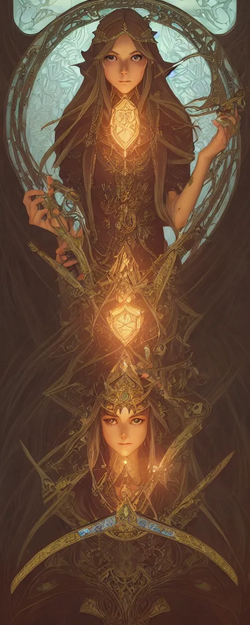 Image similar to legend of Zelda art nouveau, D&D, fantasy, intricate, elegant, highly detailed, digital painting, artstation, concept art, matte, sharp focus, illustration, hearthstone, art by Artgerm and Greg Rutkowski and Alphonse Mucha