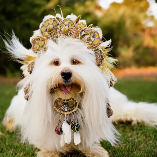 Prompt: cream - colored havanese dog wearing an ornate african necklace, a headpiece made from flowers, soft light colored background, intriguing pose, photo by tyler mitchell