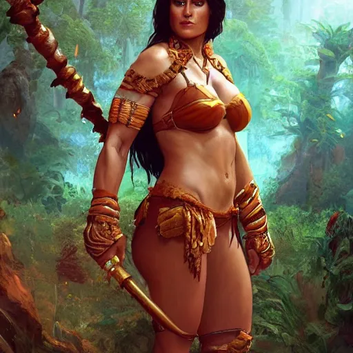 Prompt: salma hayek as amazonian amazon barbarian warrior, hyper detailed, digital art, trending in artstation, cinematic lighting, studio quality, smooth render, unreal engine 5 rendered, octane rendered, art style by klimt and nixeu and ian sprigger and wlop and krenz cushart.