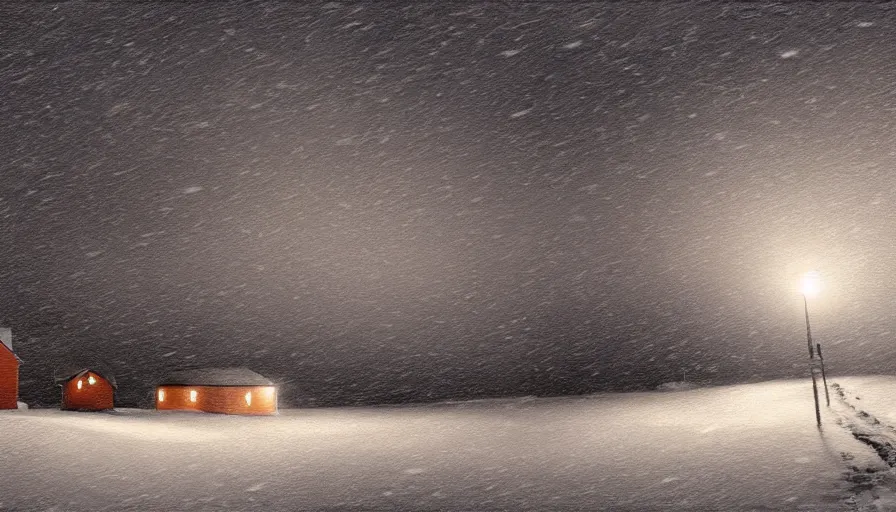 Image similar to Dark, Snowy Landscape with Blizzard! in a snowstorm!, a lonely, small shack in the distance with dim orange lights in the windows, snowstorm, digital art, highly detailed, blizzard, 4k